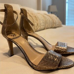 Vince Camuto Metallic Snakeskin Ankle Strap Heels – Size 9.5